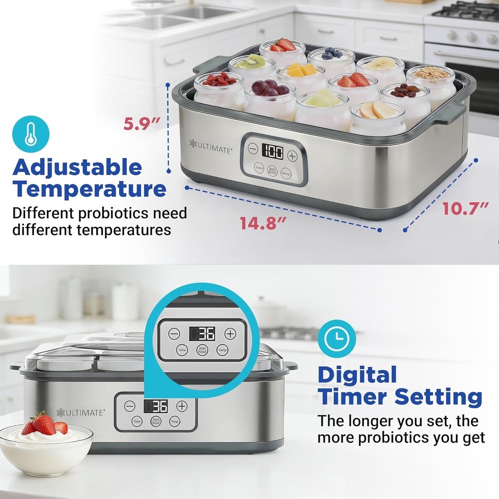 Ultimate Probiotic Yogurt Maker XL Adjustable Temperature & Time 12 Glass Jars - Picture 3 of 6